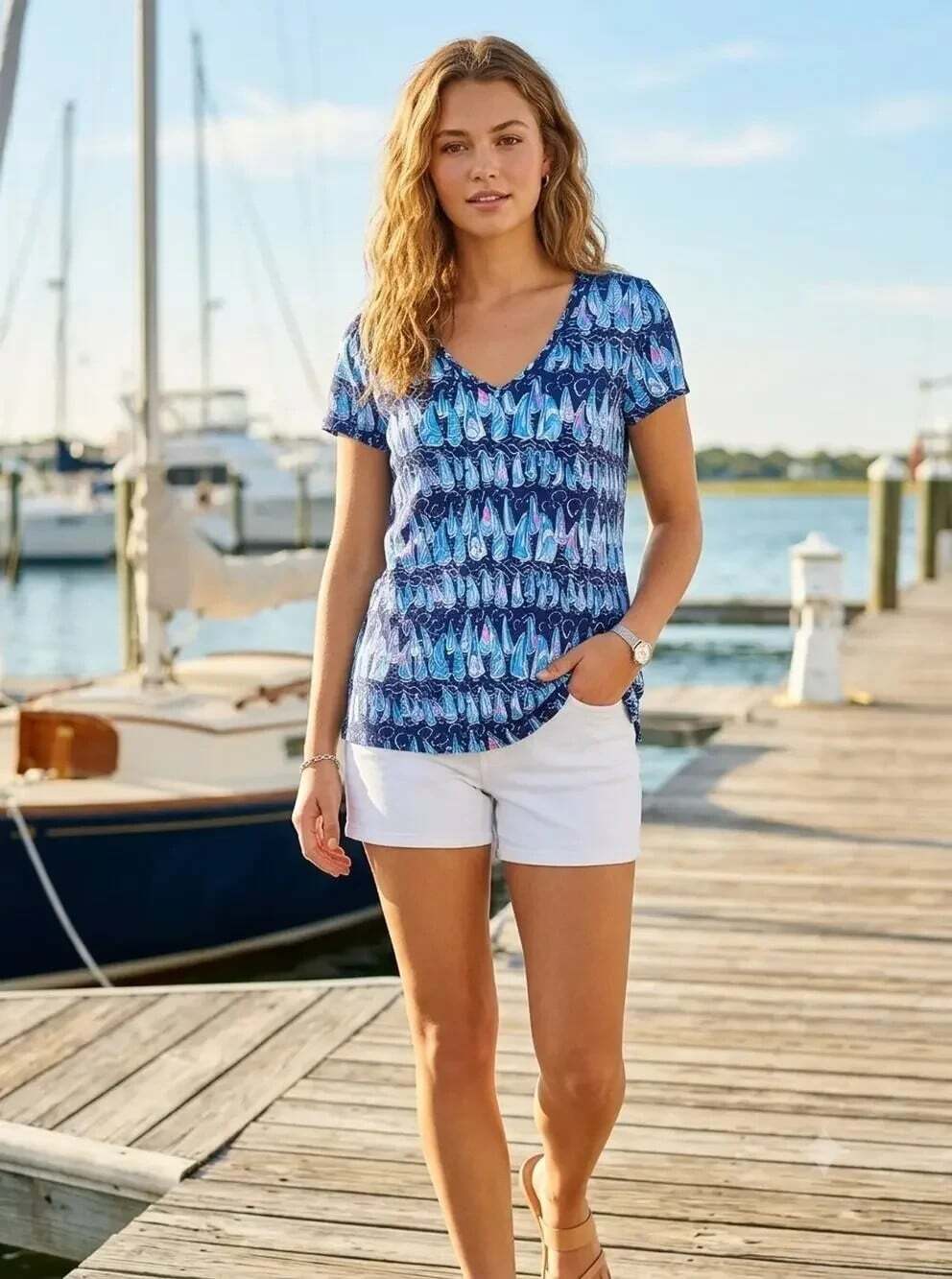 Lilly Pulitzer Etta V-Neck Size XL Low Tide Navy Sails & Stripes Cotton Top NWT